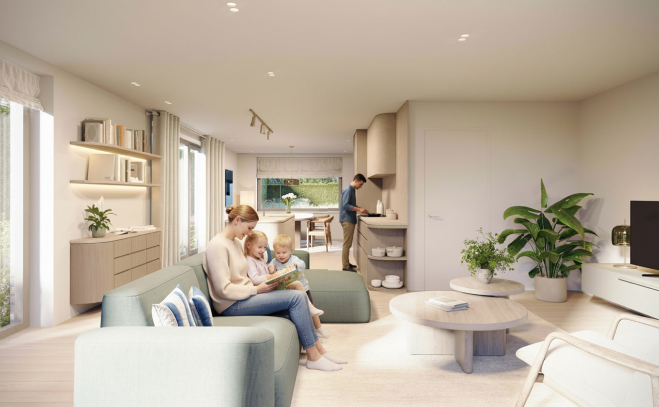 Gezin in moderne lichtrijke woonkamer van nieuwbouwwoning Esther Oudenaarde