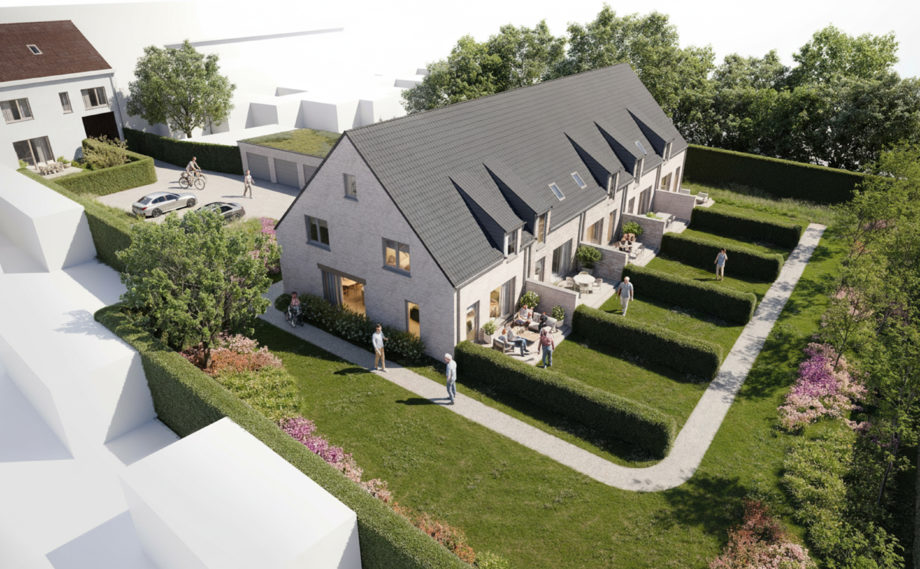 Luchtbeeld van woonproject Esther Oudenaarde met tuinen en groene wandelpaden